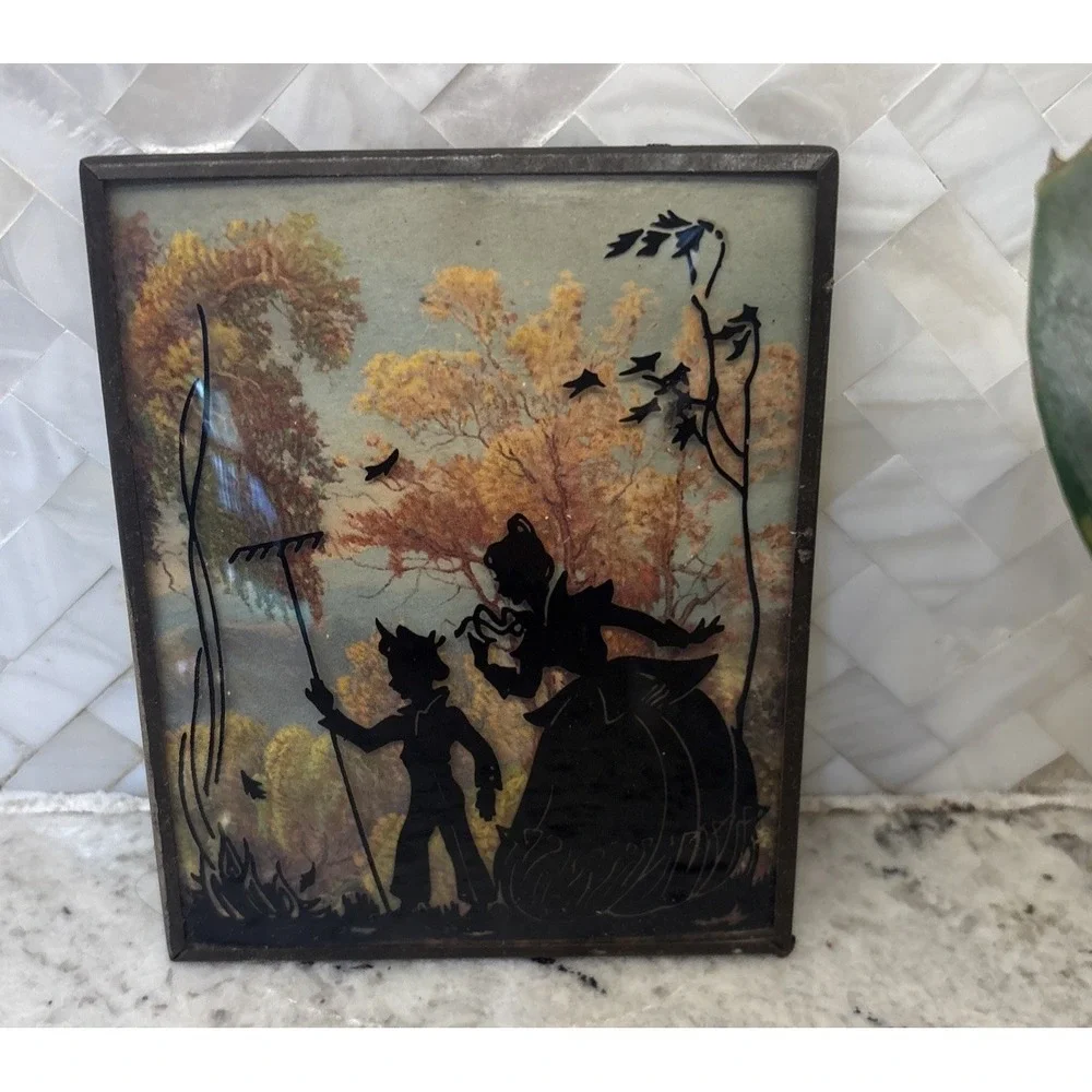 2 Vintage Convex Glass Reverse Painted Wall Art Victorian‎ Lady Child Garden 4x5